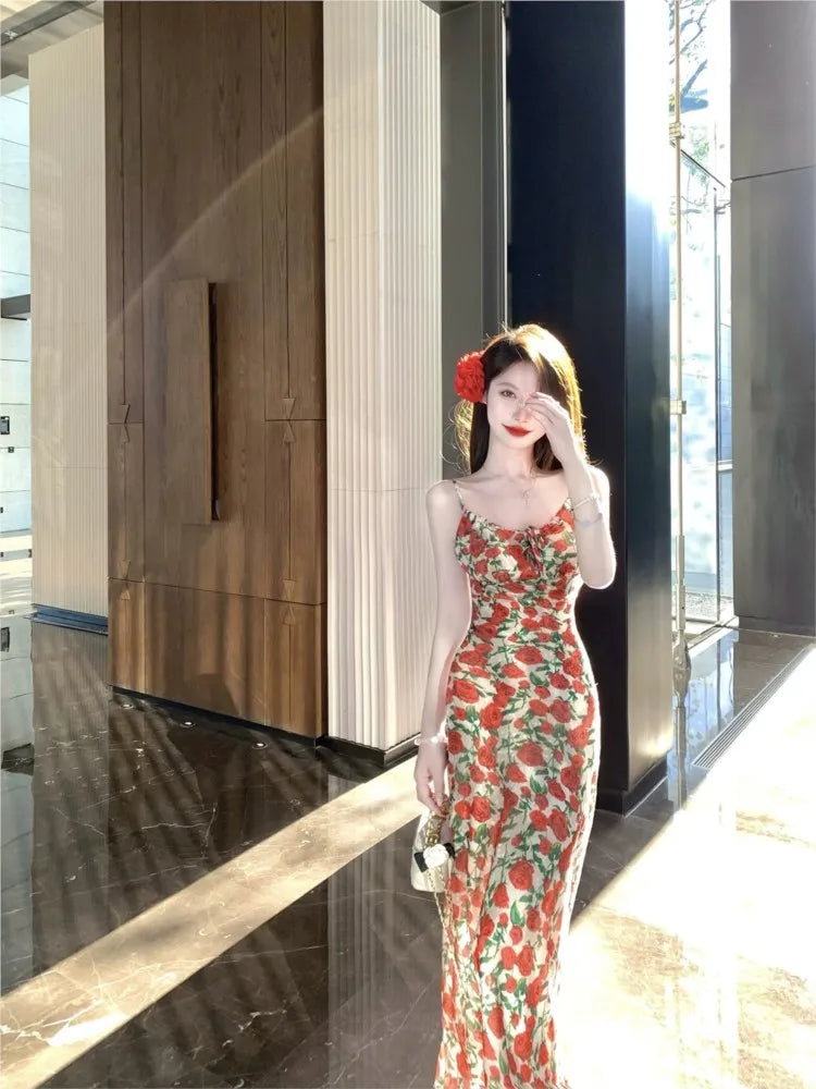 LIZAKOSHT  -  Summer New Arrival Slip Skirt French Style Women's Lace-up Waist Backless Rose Floral Printed Long Dress