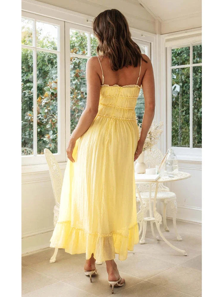 LIZAKOSHT -  Spaghetti Strap White Sundress Flounced Edge Women's Dress Summer Beach Style Maxi Dress Bowknot Boho Vestidos 2024