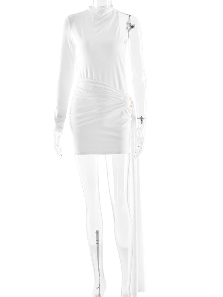 LIZAKOSHT  -  Sexy back Hollow Out Ribbon Women Mini Dress White Long Sleeve Round Neck Dress Winter Skinny Elegant Party Clubwear