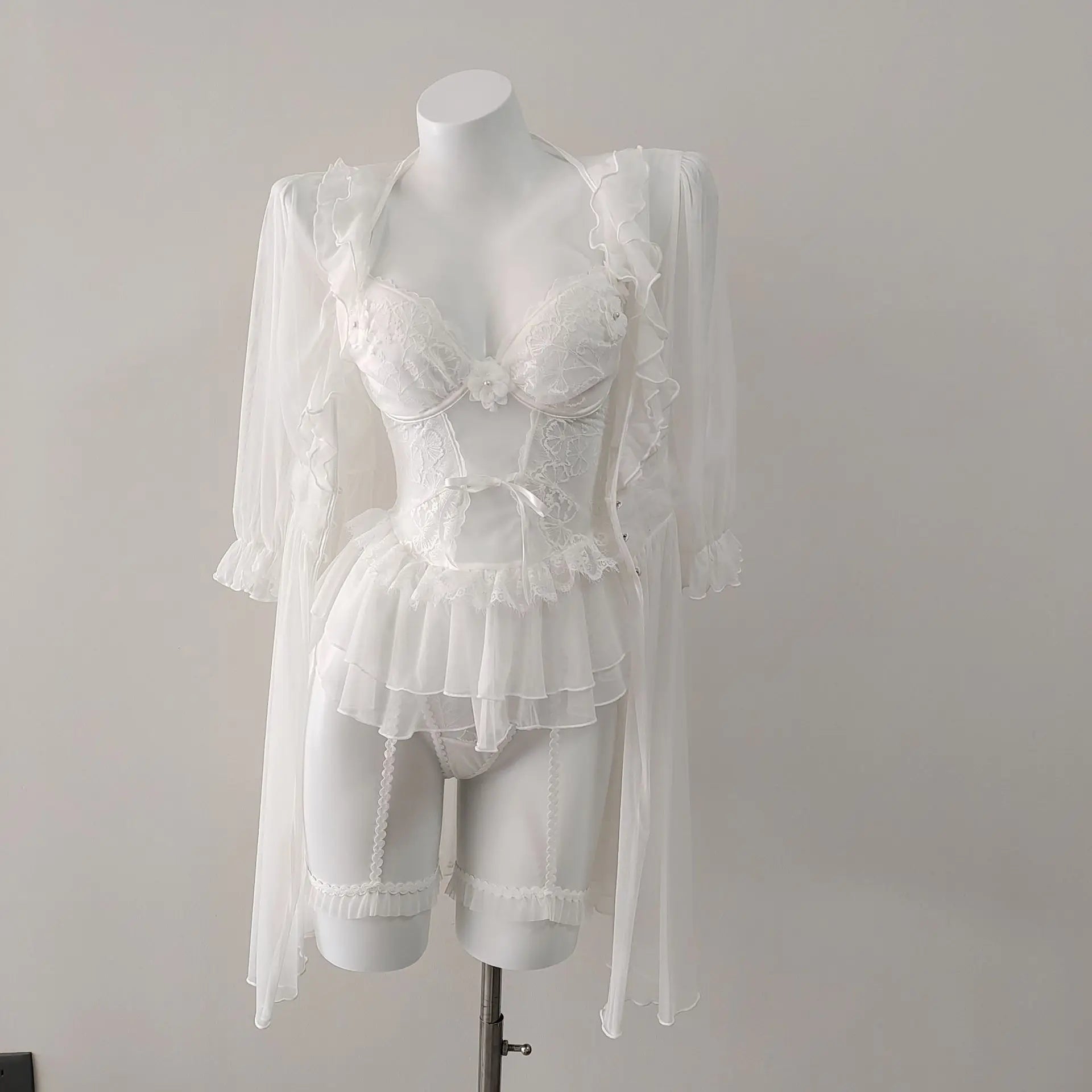 LIZAKOSHT  -  Romantic Flower French Sexy Lingerie Corset Vest Slim Waist Lace Mesh Fishbone Bra Nightdress with Panty Underwear Set Sleepwear
