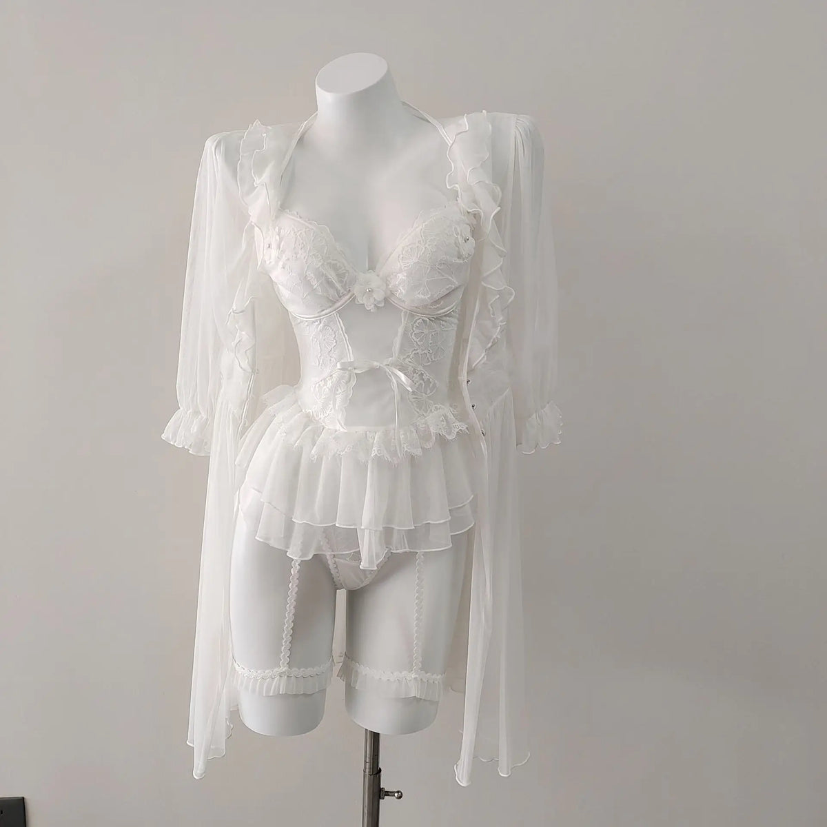 LIZAKOSHT  -  Romantic Flower French Sexy Lingerie Corset Vest Slim Waist Lace Mesh Fishbone Bra Nightdress with Panty Underwear Set Sleepwear