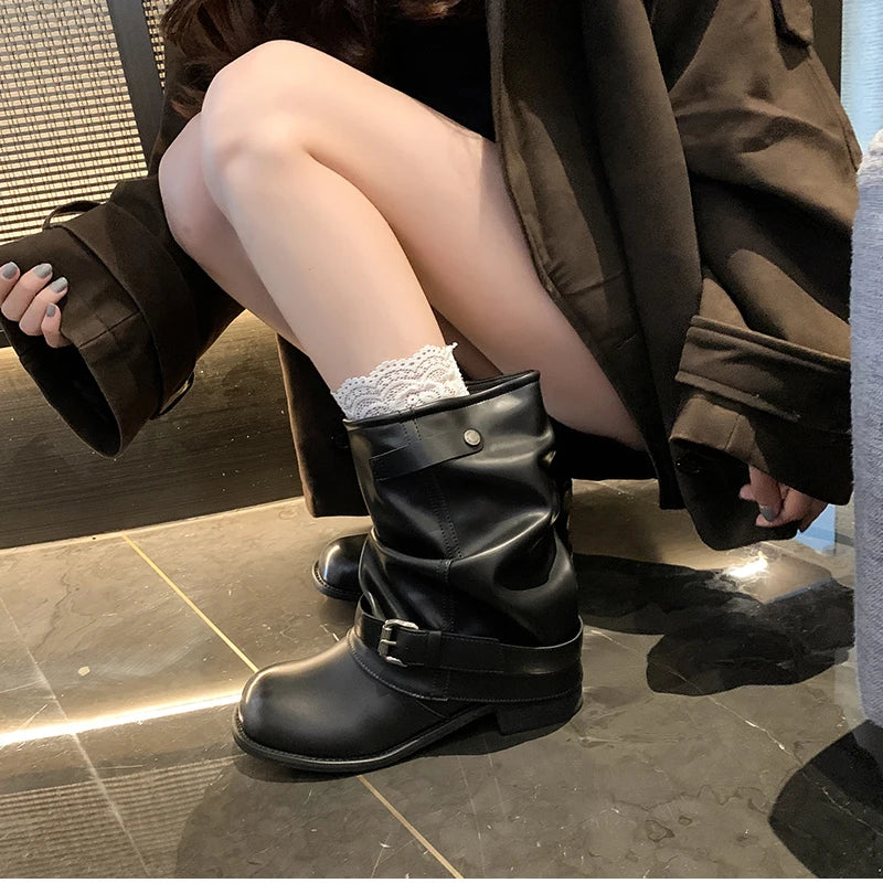 LIZAKOSHT  -  Autumn Winter Women Western Ankle Boots Fashion Belt Buckle Thick Heel Shoes Ladies Elegant Party Dress Short Booties