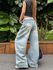 LIZAKOSHT  -  Women's Jeans Vintage Printed High Waist Zipper Pockets Straight Leg Trousers Female Spring Fashion Woman Clothes Outwears