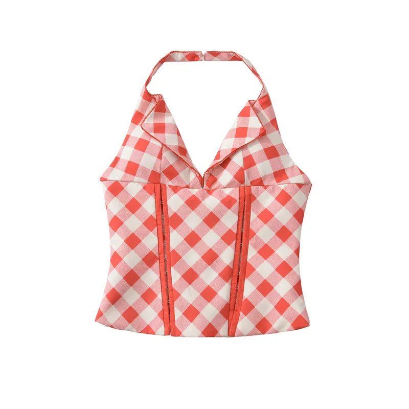 LIZAKOSHT  - Women Sleeveless Snap Closure Red Plaid  Halter Corset Back Tie