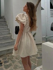 LIZAKOSHT  -  Sweet Solid Puff Short Sleeve Women Mini Dress Elegant V-neck Backless Pleated A-line Dresses 2024 Summer Lady Party Club Robes