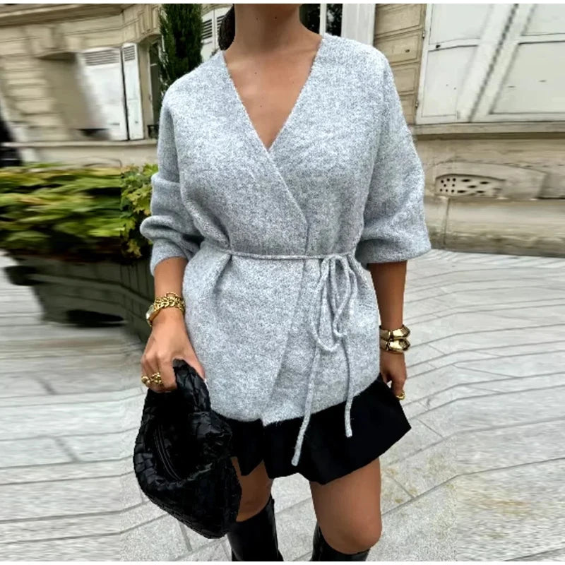 LIZAKOSHT  -  Casual Knit Cardigan Women Loose V Neck Long Sleeves Lace Up Sweater Coats Female 2025 Autumn Winter Solid Soft Chic Knitwears