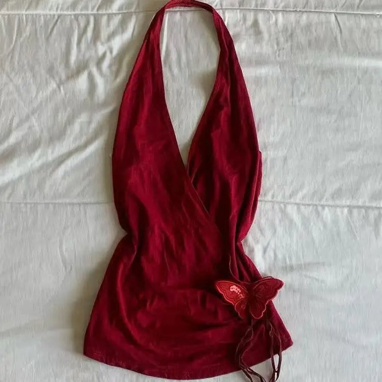 LIZAKOSHT  -  Summer Y2k Aesthetic Sexy Halter Backless Tank Top 2025 Women Streetwear 3D Butterfly Tanks Harajuku Vintage Bodycon Camisole