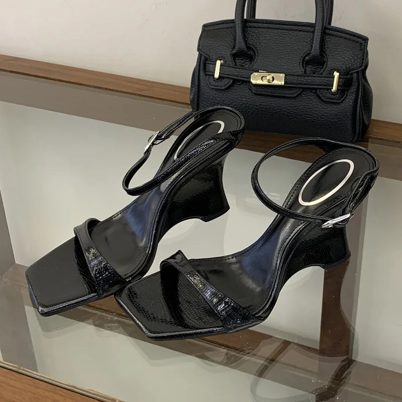 LIZAKOSHT  -  Summer Fashion Square Toe Buckle Strap Women Slippers Street Style Design Wedges High Heels Party Shoes
