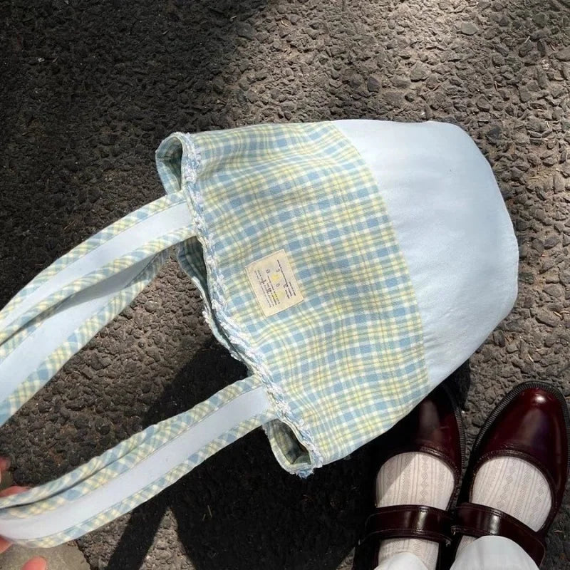 LIZAKOSHT  -  Korean Sweet Blue Plaid Bucket Bag Handbag Tote Women Casual Shoulder Bag