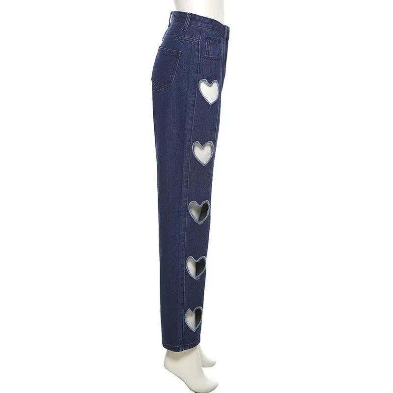 LIZAKOSHT -  Y2K Heart-shaped High-waist Straight-leg Cut-out Ripped Jeans Women's Korean Slim-fit Trousers Casual Pants Summer Streetwear