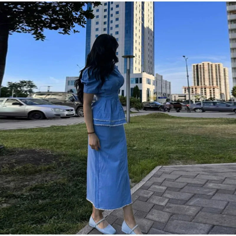 LIZAKOSHT  -  Y2k Women Denim Sets Office Work Lapel Ruff Sleeves Cinching Waist Slim Tops Baggy Long Jeans Dress 2 Piece Suits Chic Elegant