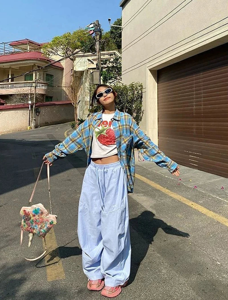 LIZAKOSHT  -  Women Striped Jazz Dance Pants Blue Loose Casual Lazy Wide Leg Pants Harajuku Y2K Summer American Streetwear Cargo Pants