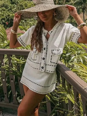 LIZAKOSHT  -  Elegant Knitted Cardigan Coat Women Fashion Single-Breasted Pockets Short Sleeve Crop Sweater 2025 New Summer Casual Slim Tops