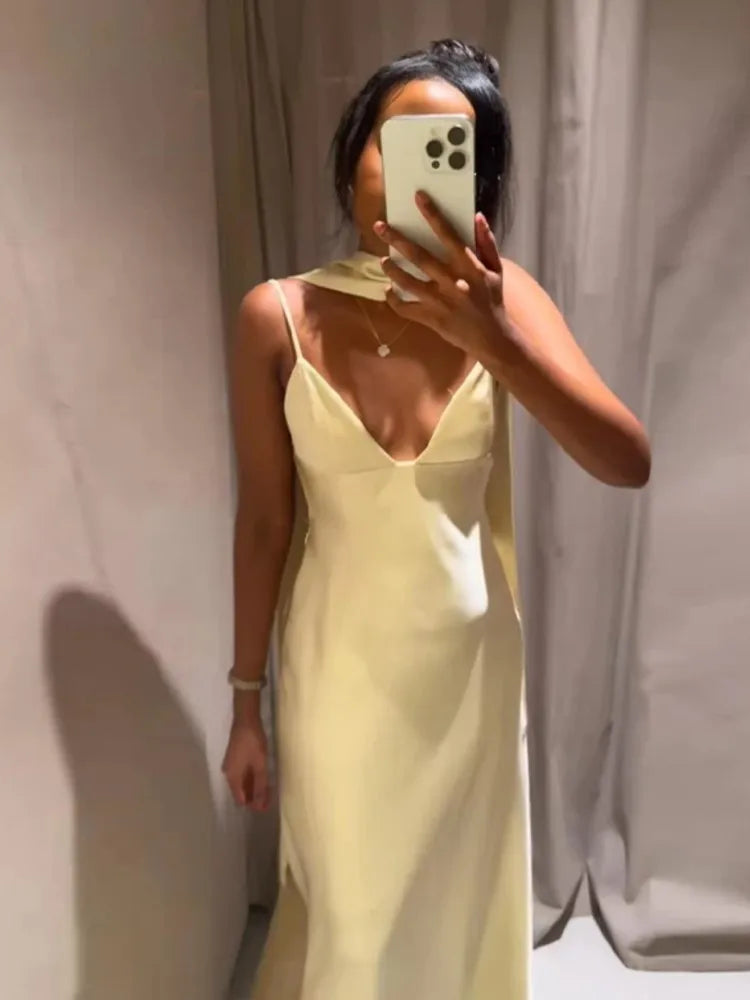 LIZAKOSHT  -  Satin Sexy Suspenders Long Dress Women 2025 New Summer Elegant Sleeveless Backless V Neck Dresses Chic Beach Party Evening Dress