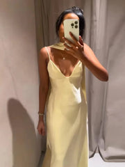 LIZAKOSHT  -  Satin Sexy Suspenders Long Dress Women 2025 New Summer Elegant Sleeveless Backless V Neck Dresses Chic Beach Party Evening Dress