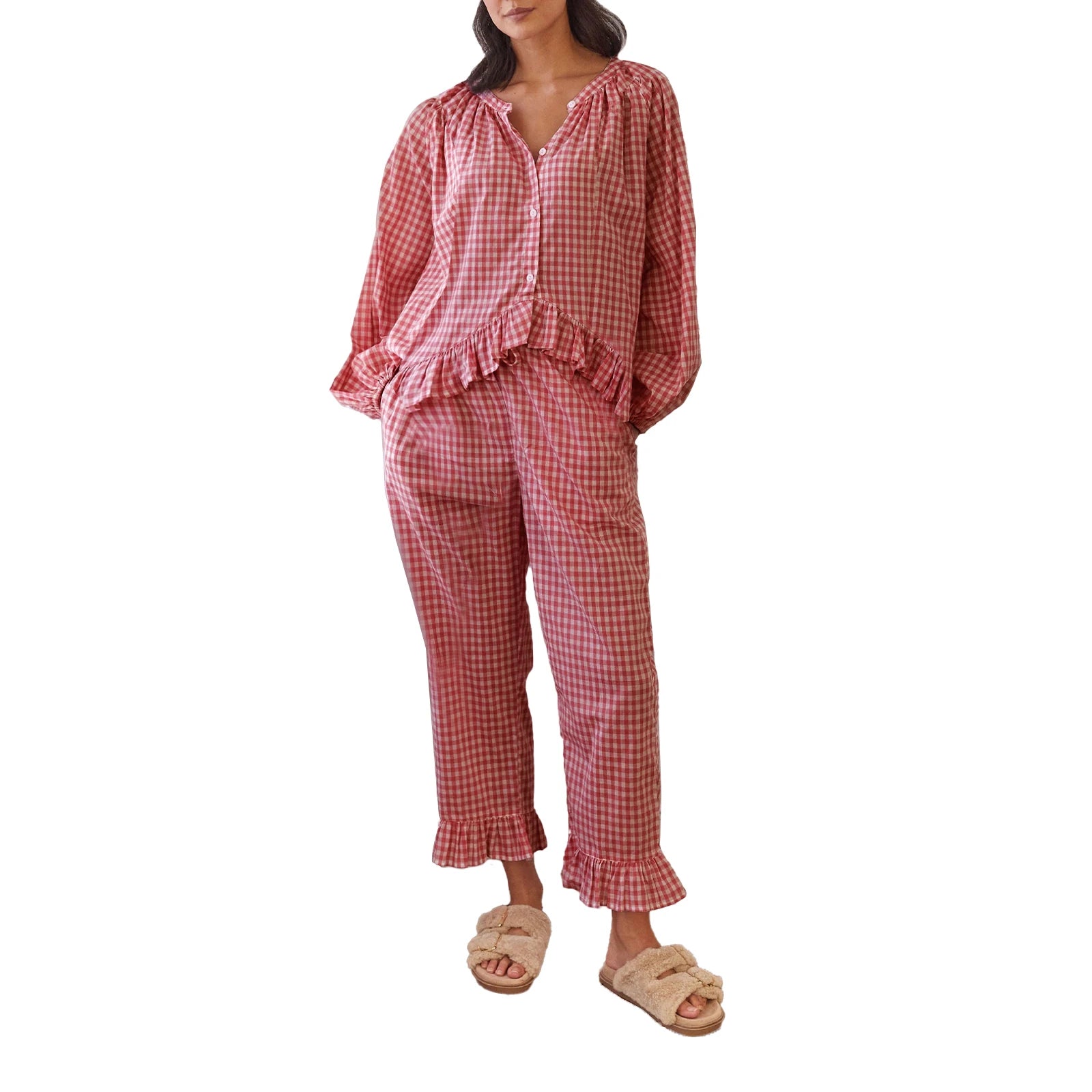 LIZAKOSHT  -  Women s Cozy Plaid Print Pajama Set with Long Lantern Sleeves and Elastic Waistband - Button Down Top and Lounge Pants for Fall