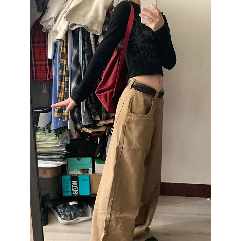 LIZAKOSHT  -  Y2K 2000S Cargo Jeans Women Vintage Oversized Denim Wide Leg Pants Japanese Harajuku High Waist Baggy Straight Trousers