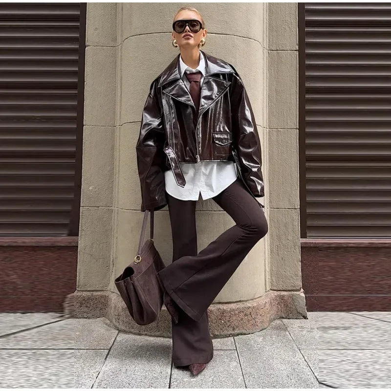 LIZAKOSHT  -  Solid PU Leather Biker Short Jacket Women Lapel Collar Full Sleeve Zipper Belted Hem Jacket 2025 Autumn Female New Edgy Outfit