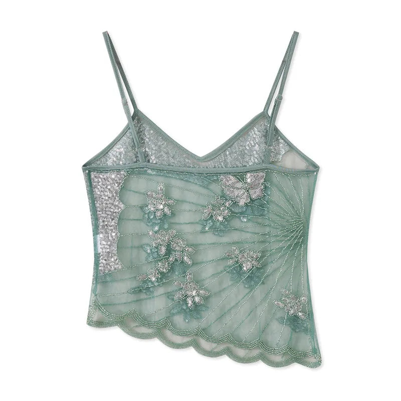 LIZAKOSHT  -  Y2K Sequin Butterfly Tops Women Sleeveless Spaghetti Strap Sheer See Through Camisole Party Clubwear Summer Date Night Outfits