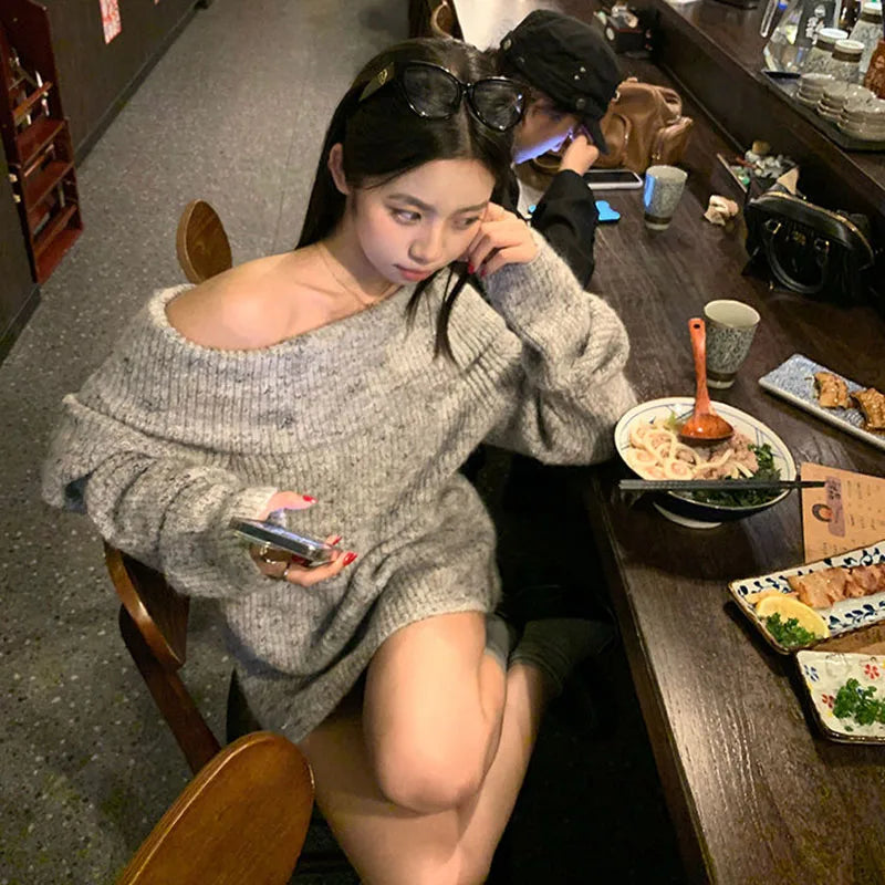 LIZAKOSHT  -   Elegant Off Shoulder Slash Neck Sweaters Women Korean Fashion Streetwear Thicken Knitted Jumpers Casual Loose Slimming Pullovers