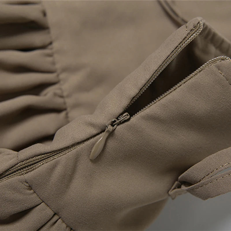 LIZAKOSHT  -  2025 Maillard Style Y2K Retro Brown Hot Girl 2 Piece Sexy Skirt Suit U Collar Sleeveless Bodysuit+Drawstring Pleated Skirts