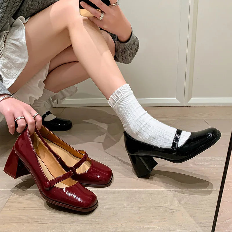 LIZAKOSHT  -  Fashion Pumps New High Quality Genuine Leather Shoes Round Head Shallow Mouth High Heels Mary Janes Women's Shoes