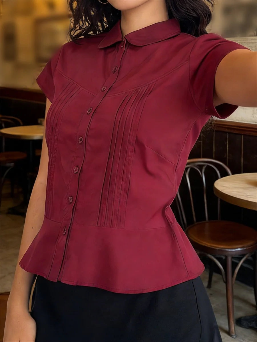 LIZAKOSHT  -  Women's Summer Shirt Solid Color Short Sleeve Lapel Button Down Pleated Slim Fit Tops