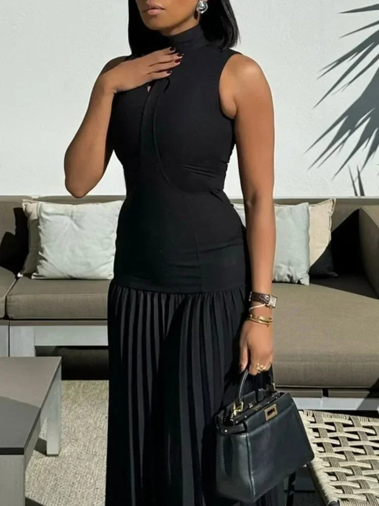 LIZAKOSHT  -  Female Fashion Black Color Bodycon Long Dress New Summer Sleeveless Split-Joint Pleated Club Elegant Party Dresses