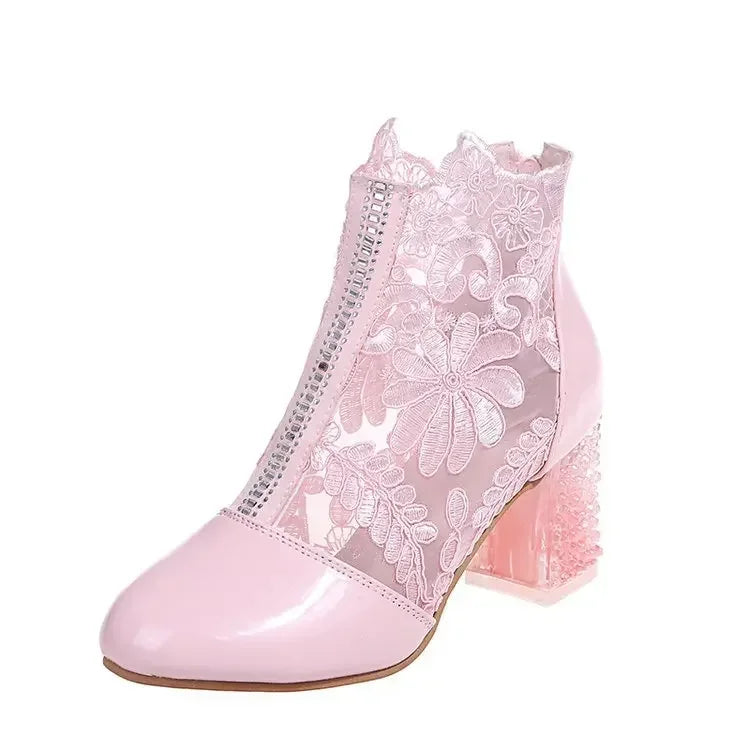 LIZAKOSHT  -  Ethnic Style Women Retro Lace High Heels Ankle Boots Autumn Embroider Pointed Toe Platform Short Boot Thick Heeled Pumps