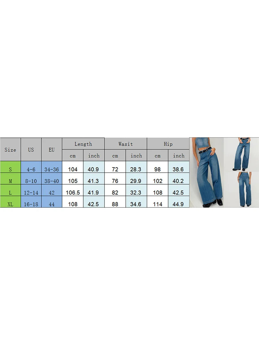 LIZAKOSHT  -  Women's Spring Summer Jeans with Pockets Fashion Loose Fit Casual Solid Low Rise Wide Leg Denim Pants Vintage Streetwear