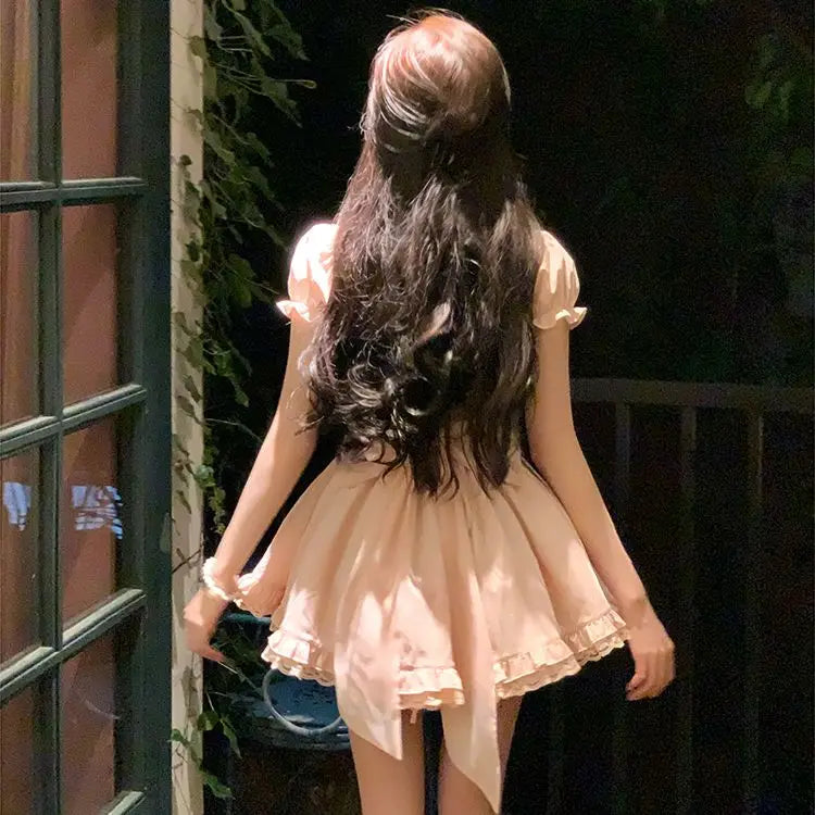 LIZAKOSHT  -  Sweet Hot Girl Pure Sexy Bow Square Collar Dress for Women's Summer Slim Fit A-line Short Dress Fashion Female Clothes