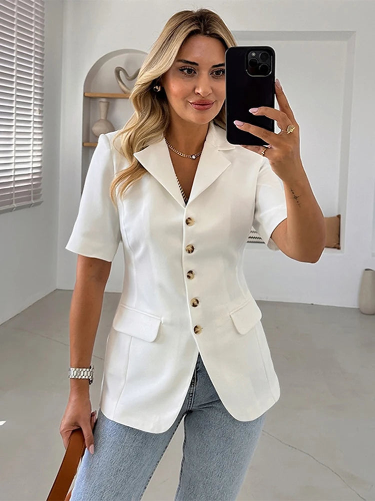 LIZAKOSHT  -  Single Breasted Short Sleeves Suit Jacket Woman Solid Color Slim Casual Coat Commuting Street Versatile Women's Fashion Jackets