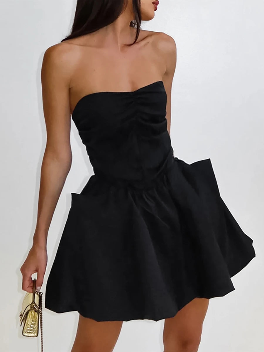 LIZAKOSHT  -  Women's Strapless Puffy Mini Dress Summer Backless Bubble A Line Dress Casual Party Cocktail Short Dress with Pocket