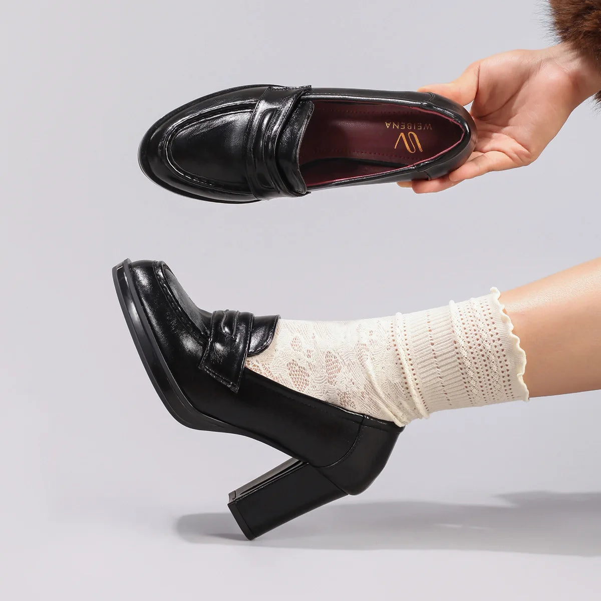 LIZAKOSHT  -  Big Size 42 Summer Classic Black Slip On Pumps Women Shoes Retro 8cm Height Square Heels Office Lady Loafers Dress Shoes