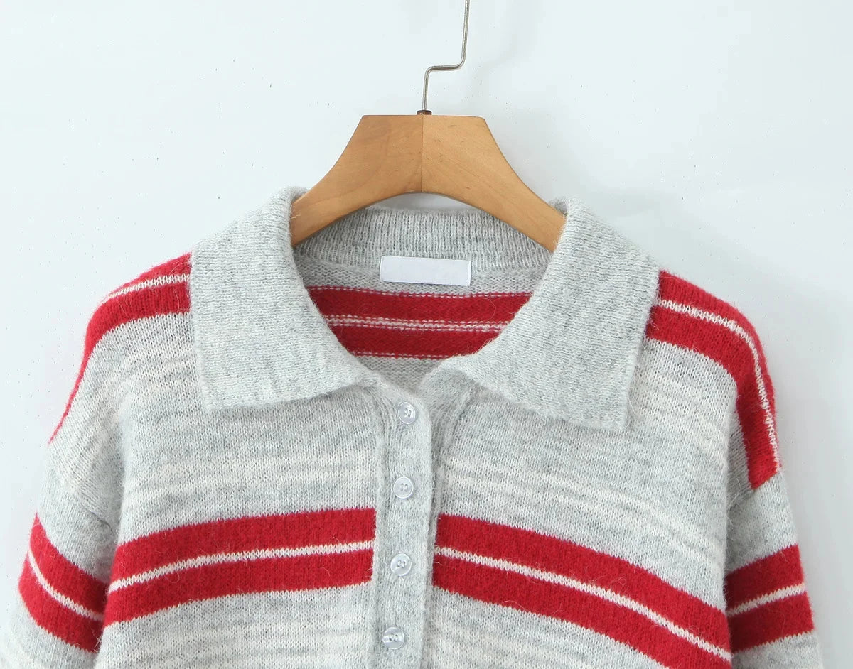 LIZAKOSHT  -  Fashion Knitted Striped Sweater Women 2025 New Autumn Vintage Loose Turndown Collar Pullover Casual Buttons Up Elegant Knitwear