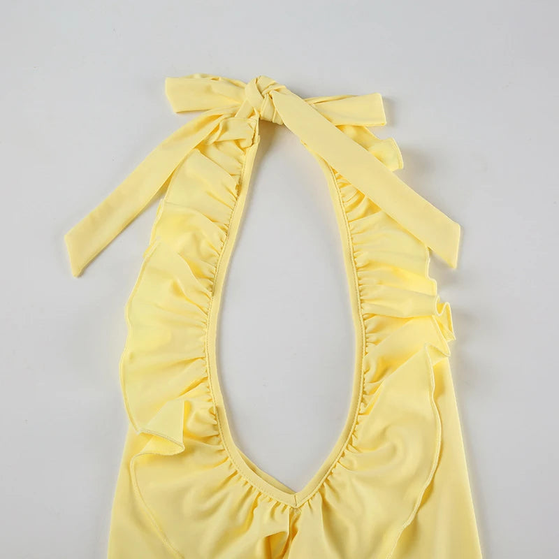 LIZAKOSHT  -  Yellow Layered Ruffles Skirt Set Women's Sexy Slim Fit Floral Edge Backless Halter Top Set 2025 Summer Vacation Street Outfit