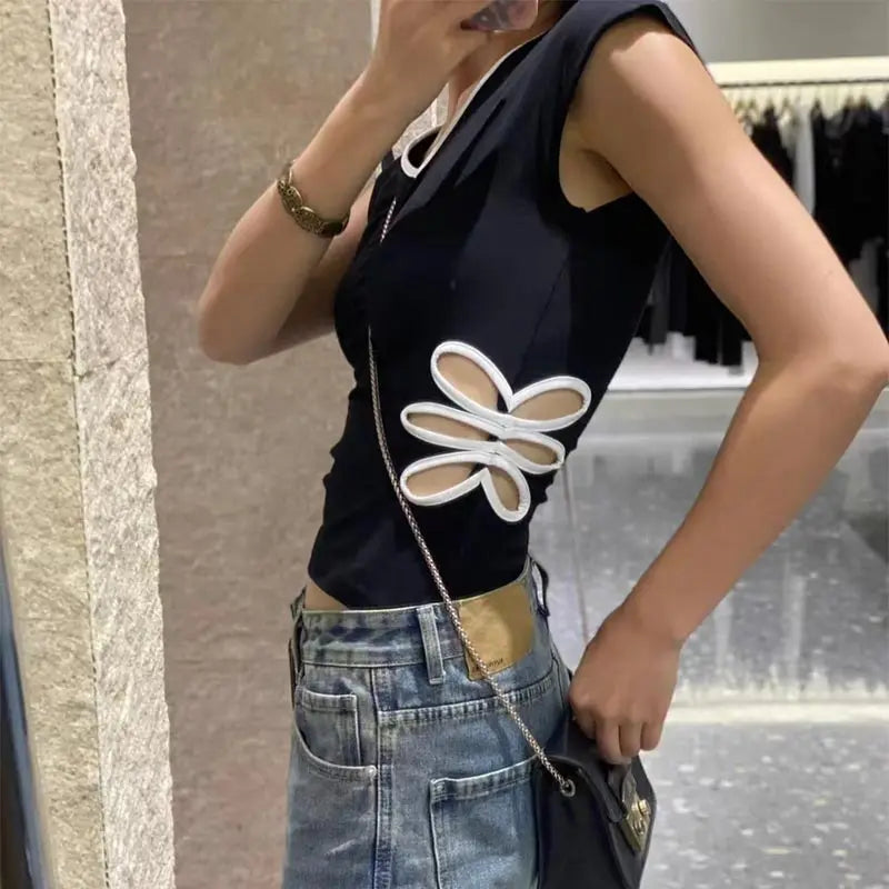 LIZAKOSHT  -  Casual Embroidery T-Shirt Women V Neck Slim Waist Hollow Out Short Sleeves Top Female 2025 Spring Fashion Patchwork Top Lady