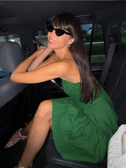 LIZAKOSHT  -  Sexy One Shoulder Sleeveless Women Mini Dress Fashion Backless Pleated Hem Green A-line Dresses 2024 Summer Lady Vacation Robes