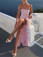 LIZAKOSHT  -  Ruffled Fashion Bandeau Maxi Dress For Women High Waist Slim Backless Patchwork Summer New Dress Female Bodycon Dress