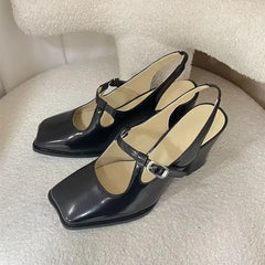 LIZAKOSHT  -  Fashion Black Patent Leather Mary Janes Slingbacks Women Pumps Spring Summer Wave Toe Chunky High Heels Office Lady Daily Shoes
