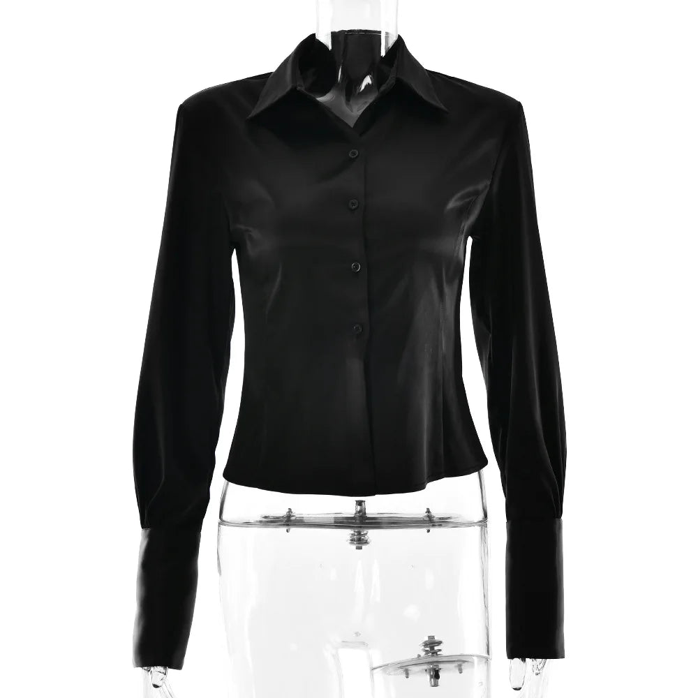 LIZAKOSHT  -  Waist-Snug Lapel Button-Front Satin Blouse Tops 2026 Spring Chic Elegant  Long-Sleeve Slim Top Fashion Chic Office Lady Shirt