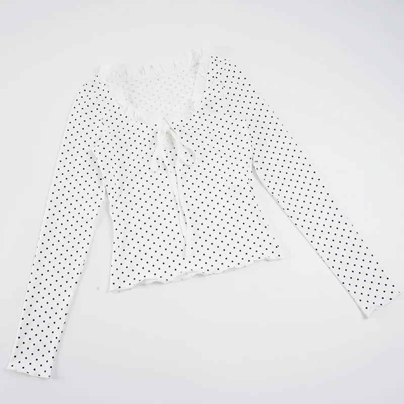LIZAKOSHT  -  Women Y2K Lace Patchwork Polka Dot Long Sleeve Tee Hollow Out Tie Front Ruffled Slim Top Casual Streetwear Fashion Tee