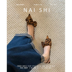 LIZAKOSHT  -  Leopard Kitten Heels Sandals Pointy Toe Bow Decor Fashion Women Back Straps Shallow Summer Classic Dress Daily Casual Pumps News