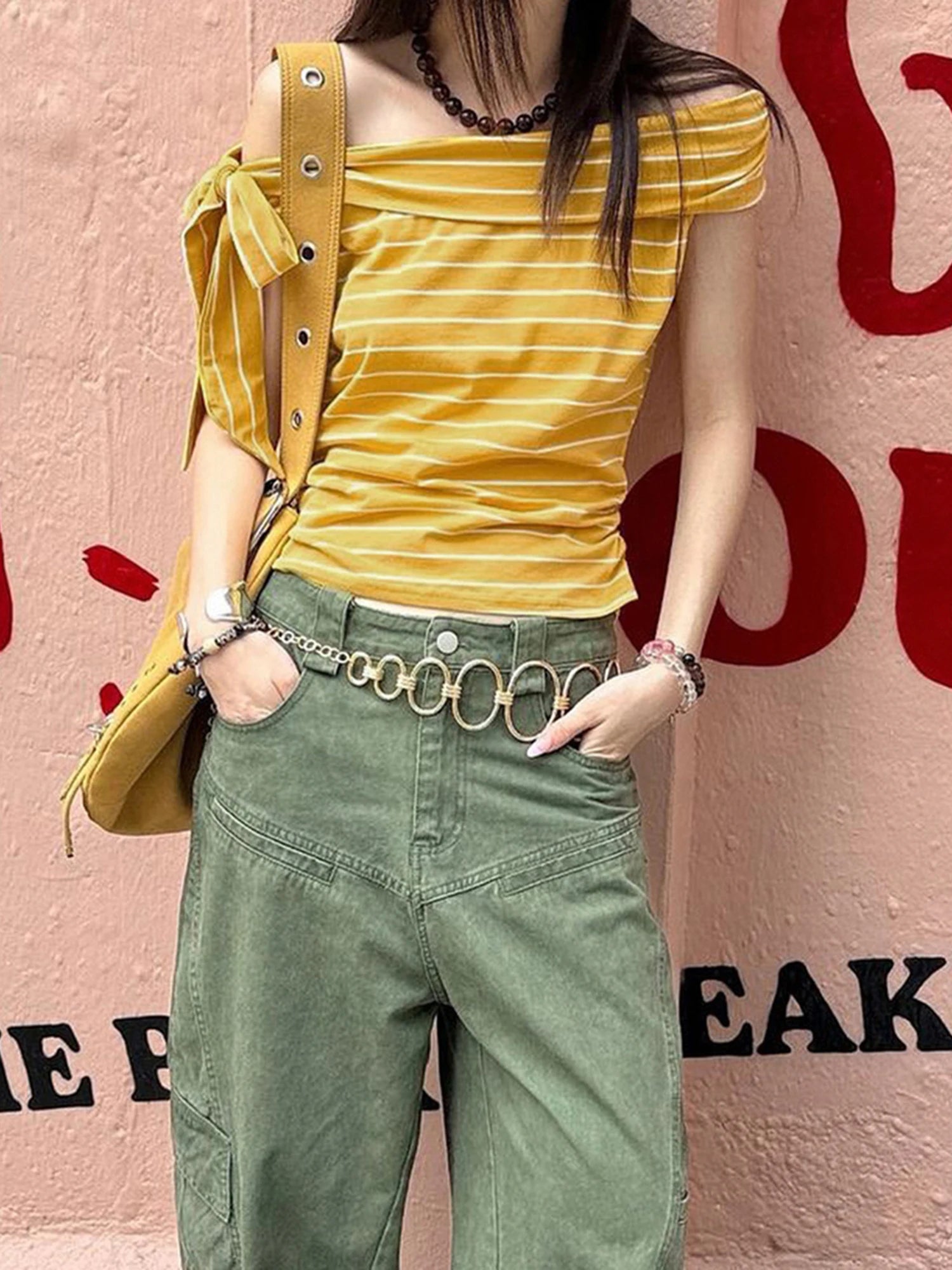 LIZAKOSHT  -  Women s Striped Off Shoulder Crop Top with Side Tie-up and Backless Design - Short Sleeve Fitted T-Shirt for a Stylish Look