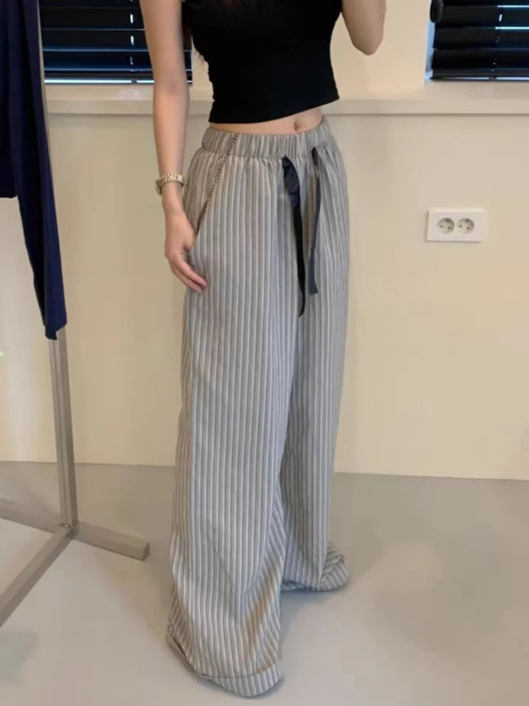 LIZAKOSHT  -  Casual Drawstring High Waist Color-blocking Striped Pants for Women Summer New Retro Loose Straight Long Wide Leg Pants