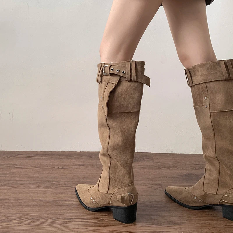 LIZAKOSHT  -  Vintage Rivet Hottie Women Knee-High Boots Fashion Belt Buckle Female Pleated Knight Long Booties Shoes