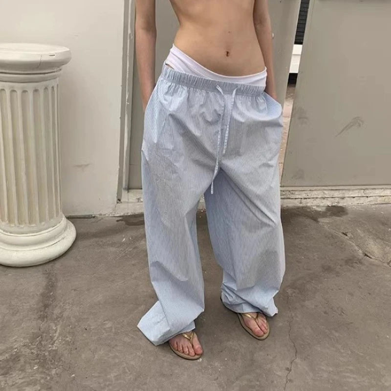 LIZAKOSHT  -  Oversized Y2k Striped Woman's Pants Baggy Harajuku Old Money Casual Basic Trousers Korean Fashion Wide Leg Elastic Waist
