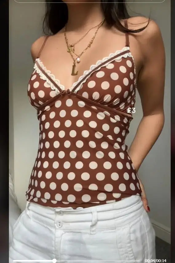 LIZAKOSHT  -  Womens Y2k Stay Cool and Stylish with Our Light Brown Polka Dot Lace Tank Tops Perfect for Summer Camis
