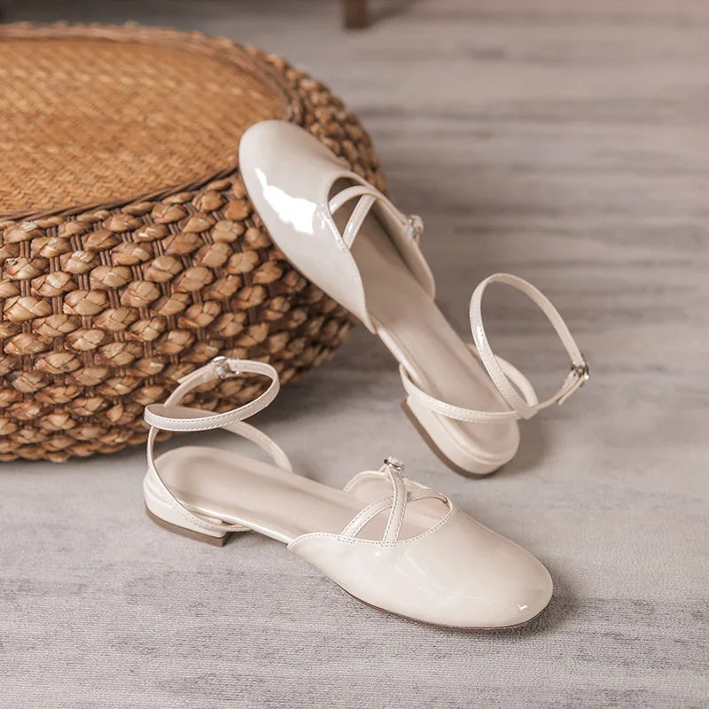 LIZAKOSHT  -  cover toe cross band gladiator sandals women japanned leather ankle strap sandalias mujer low heel summer shoes for woman