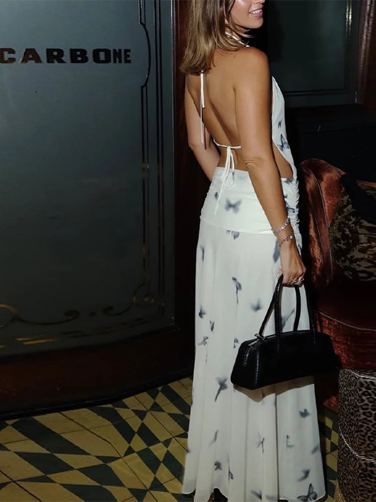 LIZAKOSHT  -  Sexy Printed Halter Long Dresses Women Fashion Sleeveless Backless High Waist Slim Maxi Dress 2025 Lady Summer Chic Casual Robes